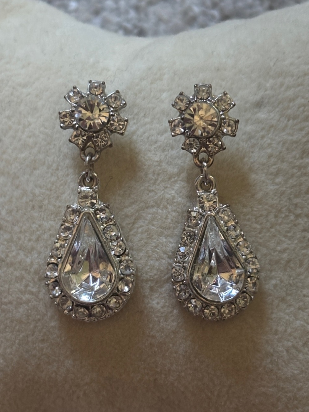 3/$20 - Crystal Teardrop Drop Earrings - Silver Tone